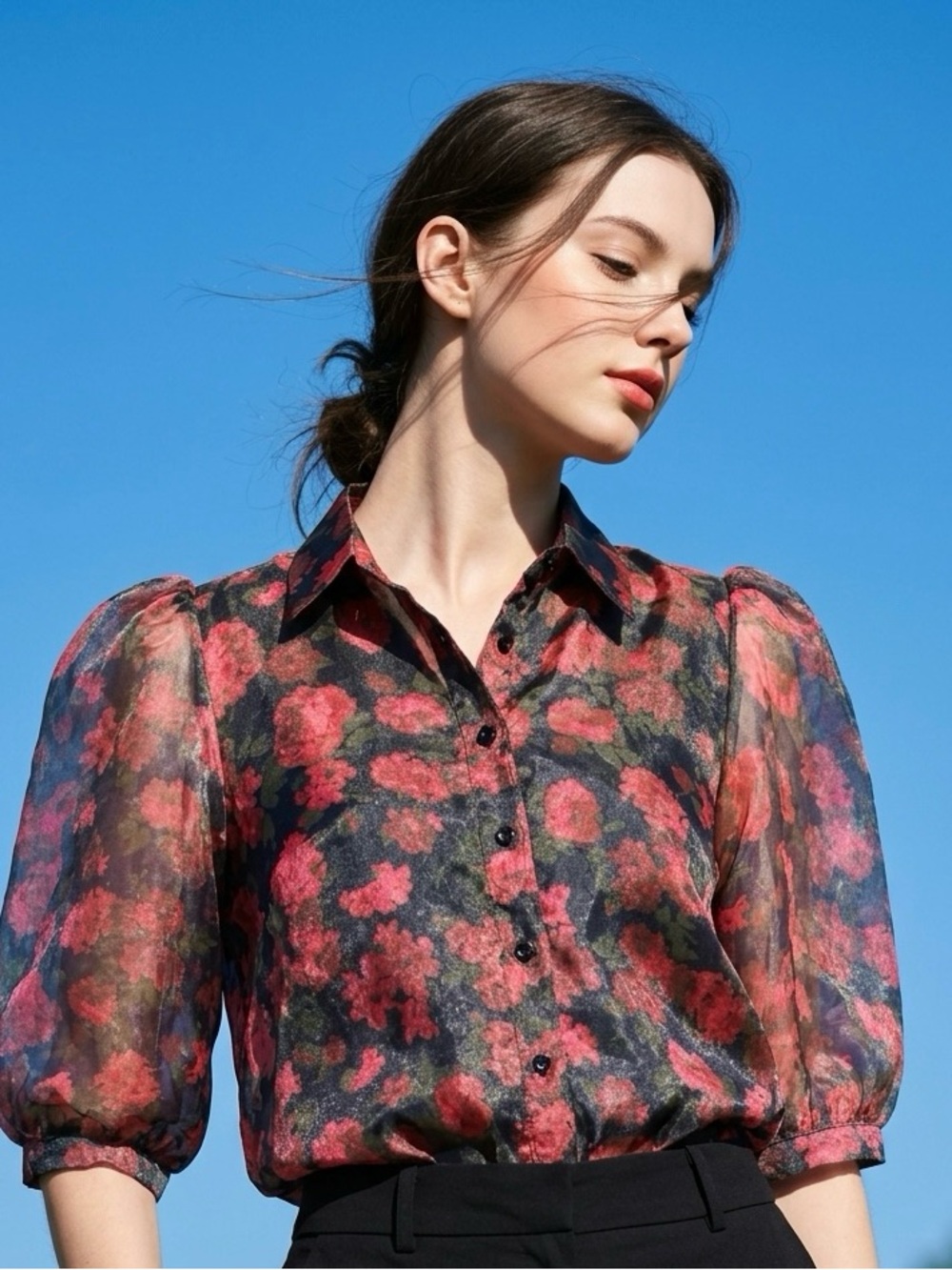 Blashe Sheer Floral Red Rose Puff Sleeve Organza Button Down Blouse